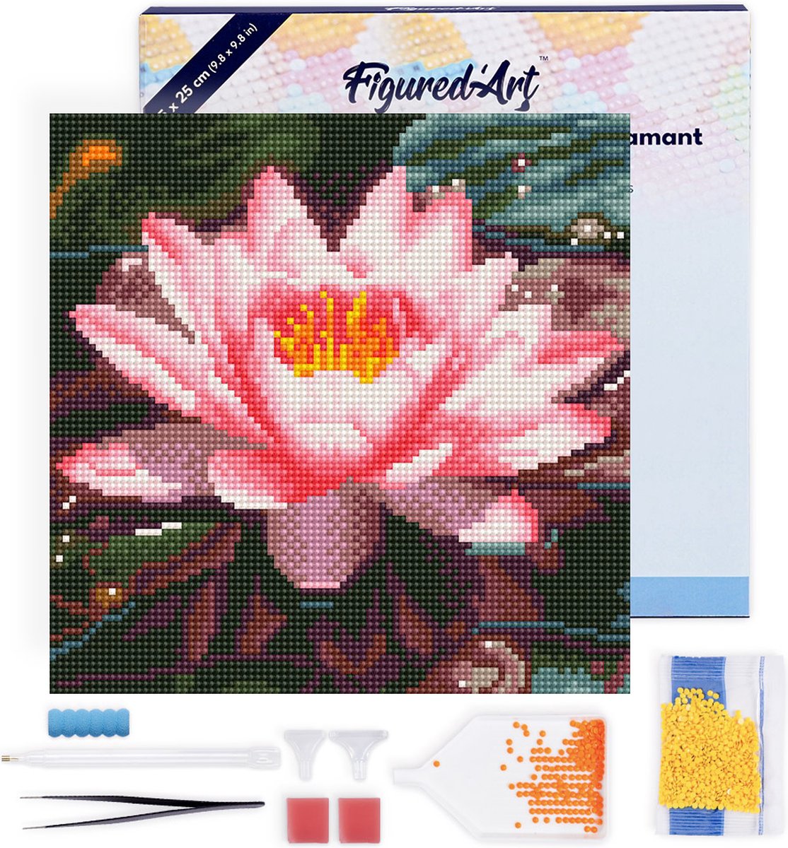 Figured'Art Mini Diamond Painting set Volwassenen 25x25 cm met lijst Roze Waterlelie - 5D DIY Art full drill ronde diamant - Canvas al ingelijst