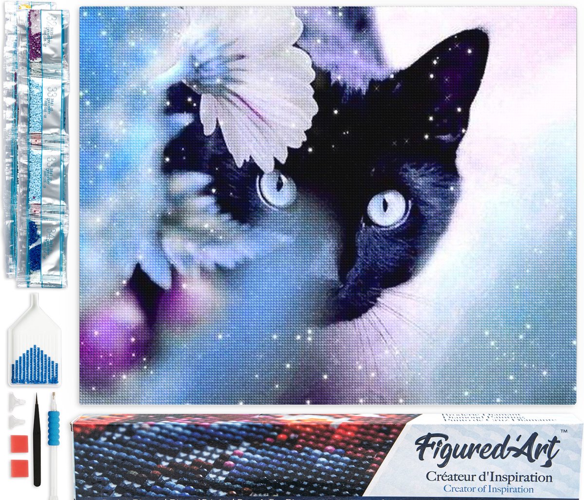 Figured'Art Diamond Painting set Volwassenen 40x50 cm Kat en bloem - 5D DIY Art full drill vierkante diamant - Opgerold canvas