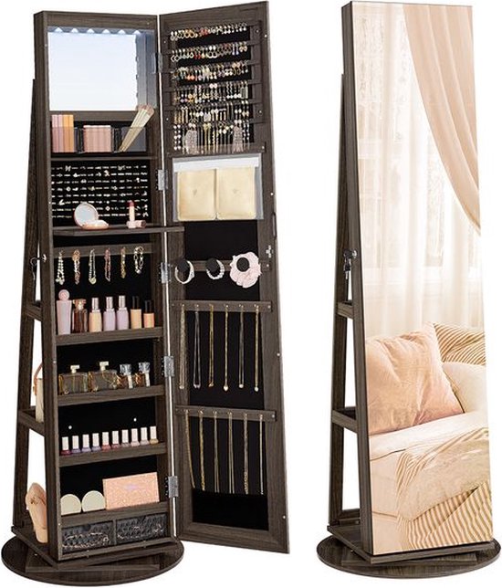 Armoire à bijoux Oshawa avec miroir sans cadre - Armoire à bijoux Avec LED et rotative à 360° - verrouillable - Marron foncé