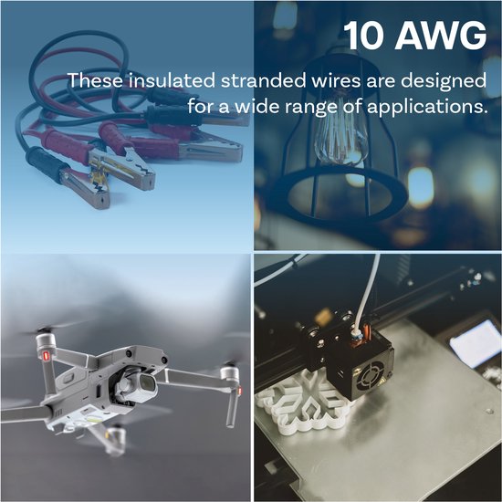 Collage van toepassingen voor 10 AWG draad: starre draden met krokodillenklemmen, een gloeilamp in een fitting, een drone en een 3D-printer die een object print.