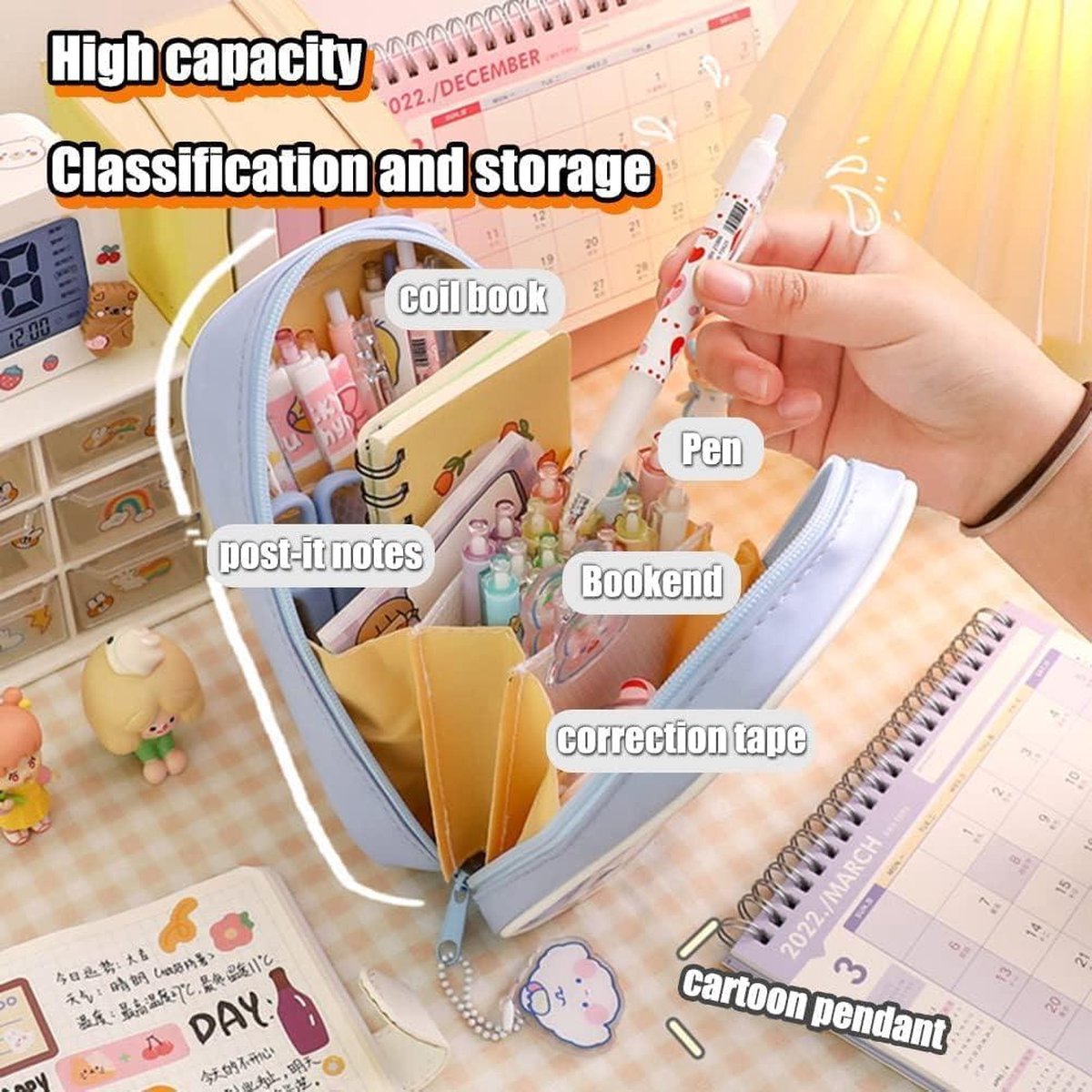 Upxiang Kawaii pennenetui, doorzichtige grote pennenzak Cute Bear Rabbit Aesthetic met grote capaciteit voor meisjes (#D