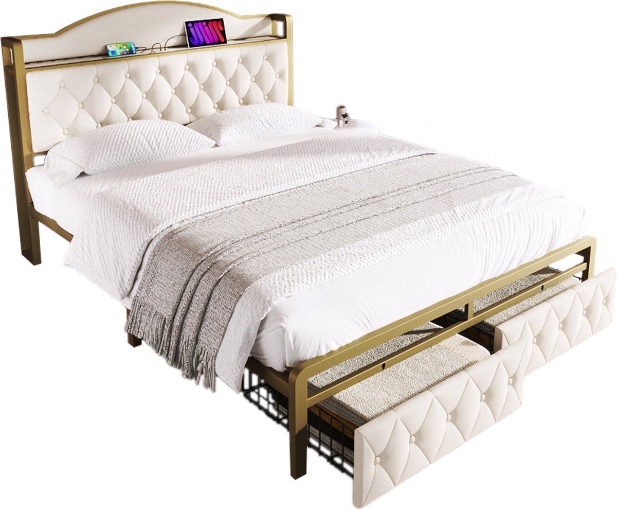 Merax Fluwelen Bed 140x200 met Matras – Tweepersoonsbed met USB C en Lades – Beige