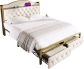 Merax Lit Double Luxe avec Matras 140x200 cm - Cadre de Lit avec USB Type-C et Espace de Rangement - Lit avec Sommier à Lattes en Métal - Beige