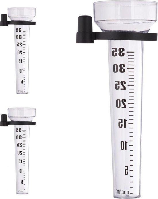 Foto: Set van 3 regenmeters pluviometer met houder tuin maatstrepen tot 35 mm m kunststof transparant zwart