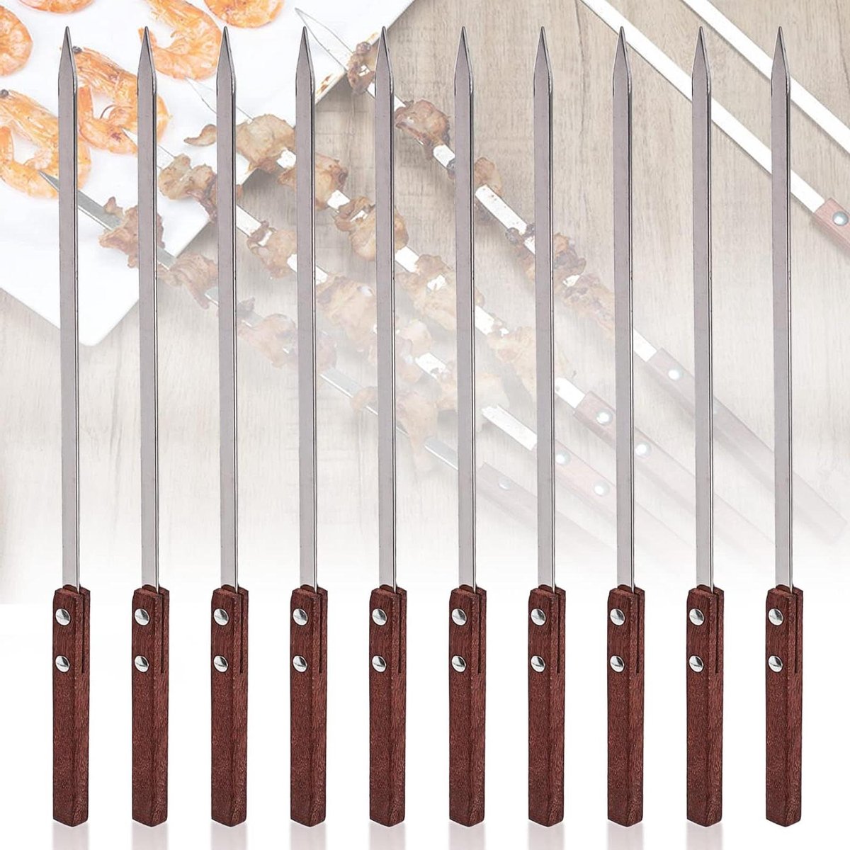 Grillspiesen van roestvrij staal - Adana-spiesen - 10 stuks - 40 cm - Herbruikbare spiesen - Kebab spiesen - Voor vlees, groenten - Met houten handvat