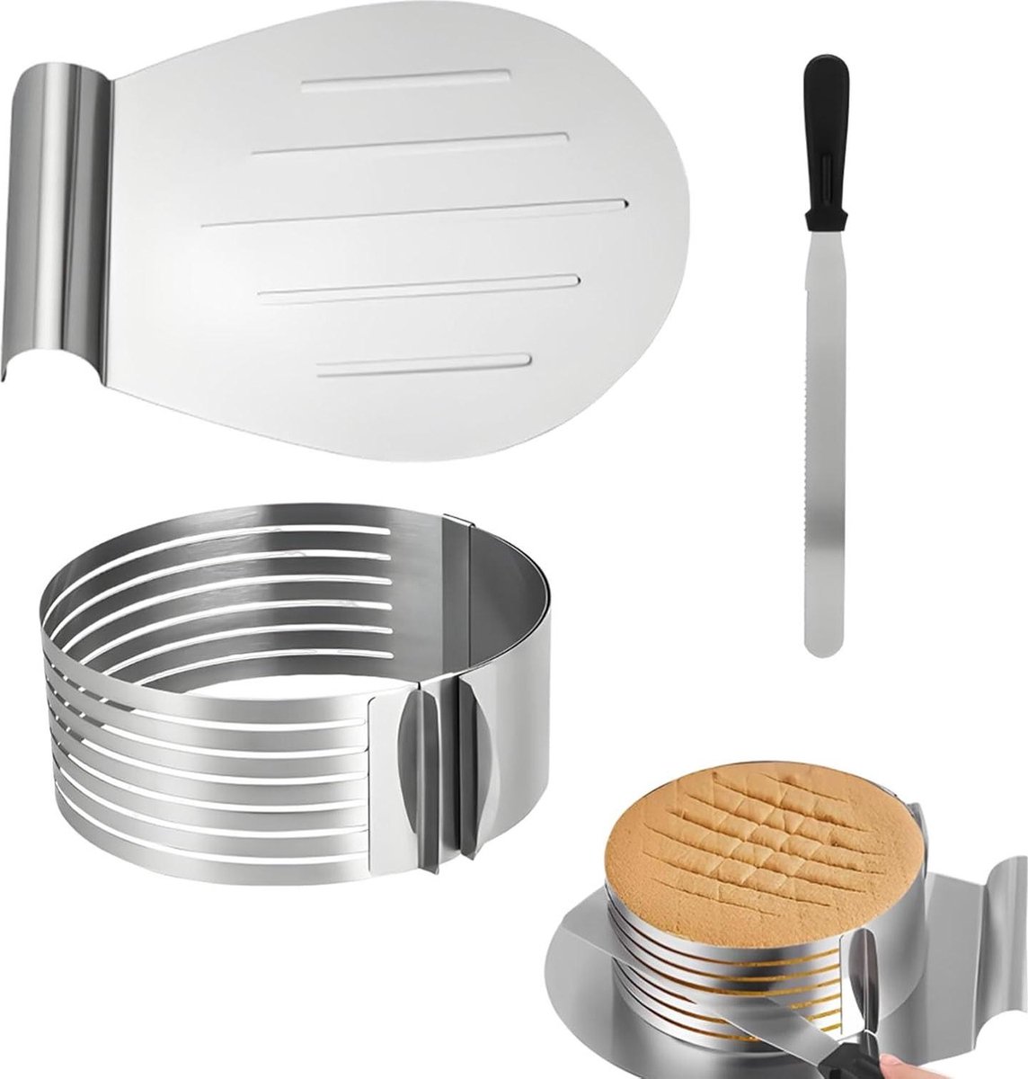 Verstelbare bakring van roestvrij staal Taartaccessoires voor taartbodem en brood bakvorm 3-delige set Taartsnijder