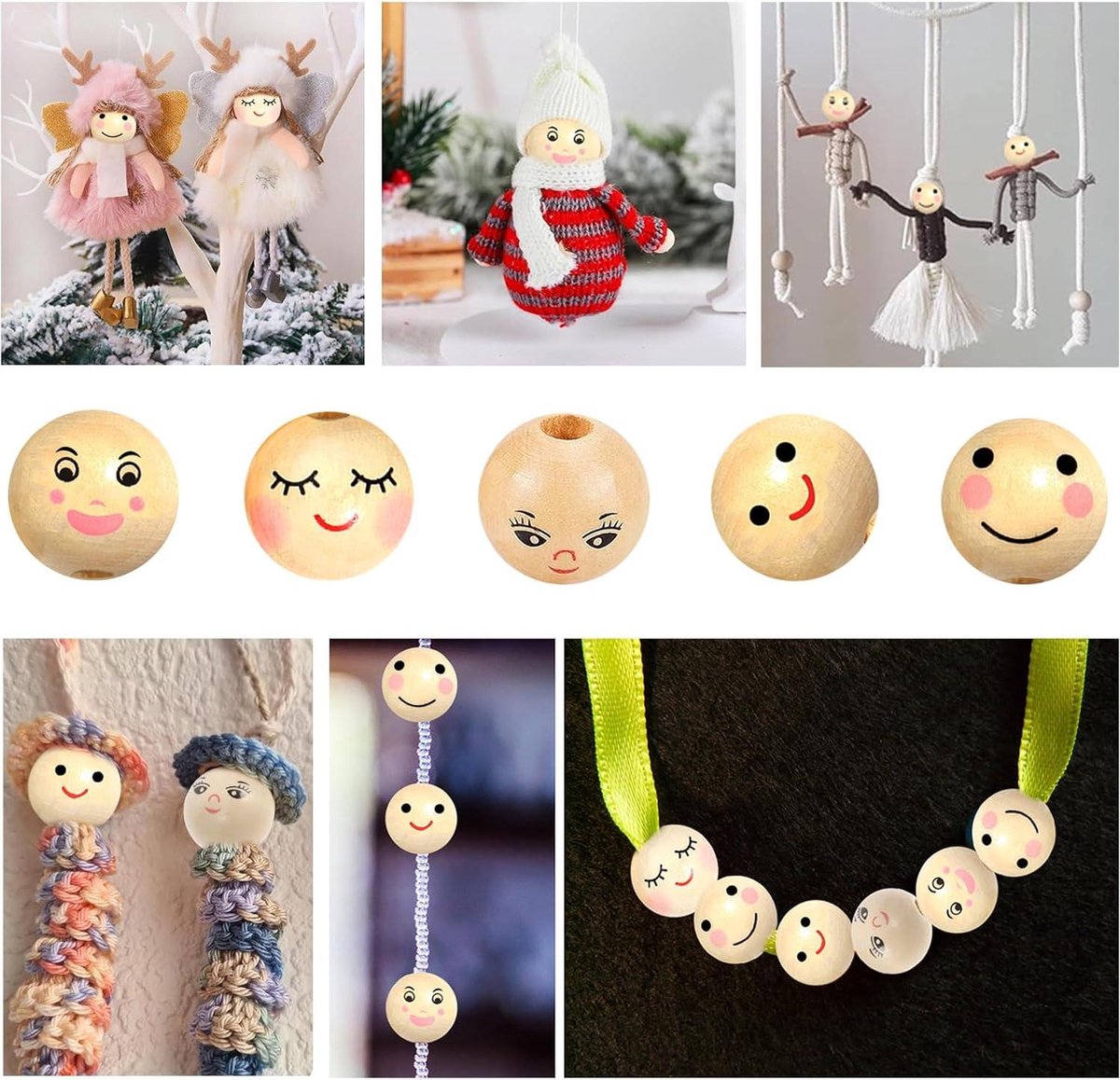 100 stuks houten kralen, 14 mm, smiley-face- en rijgkralen