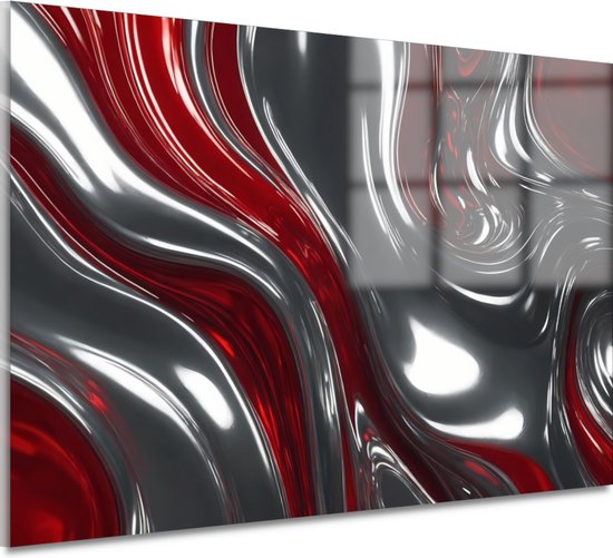 Abstract schilderij met golvende rode en zilveren abstracte patronen, reflecterend oppervlak.