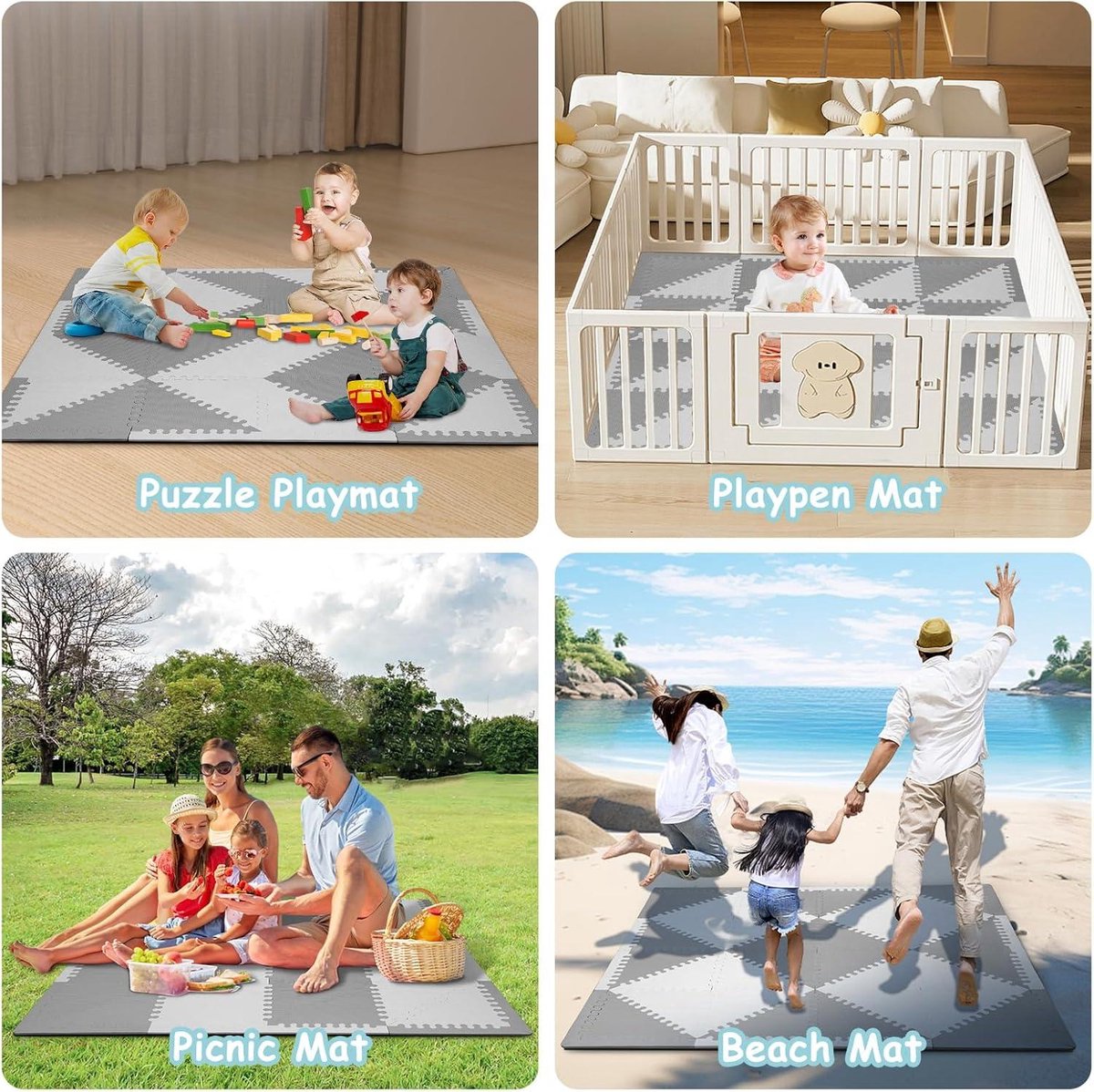 Babyspeelmat voor op de grond, 127 x 127 cm babyspeelmat, zacht schuimvloermat, wasbaar, opvouwbaar voor buiktijd, veilige antislip achterkant voor kruipende pasgeborenen, peuters, kinderen, boho