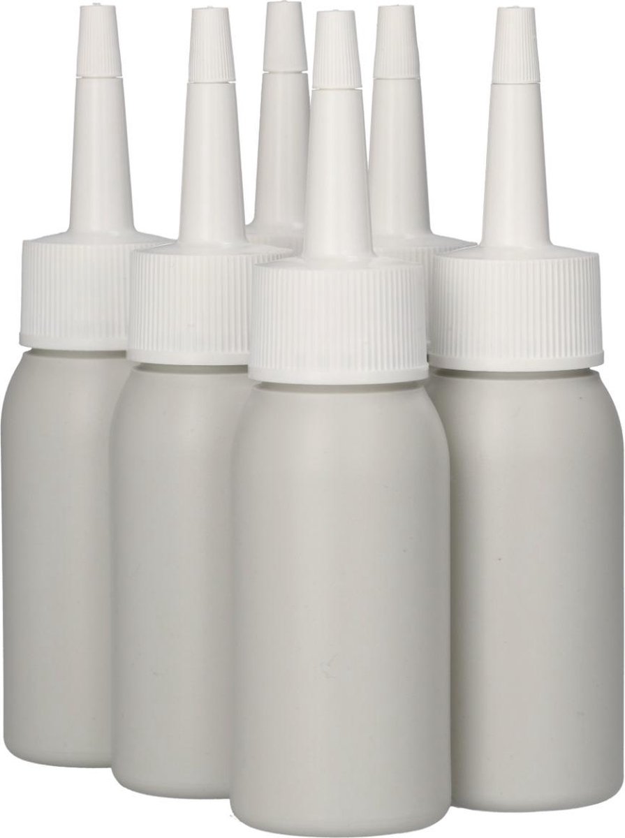 6 x Gerecyclede Plastic Fles 50 ml Tuitdop wit - Rond- Gerecycled HDPE Kunststof - Onbreekbaar - ca. 70% minder Co2 uitstoot door gerecycled materiaal - 6 stuks