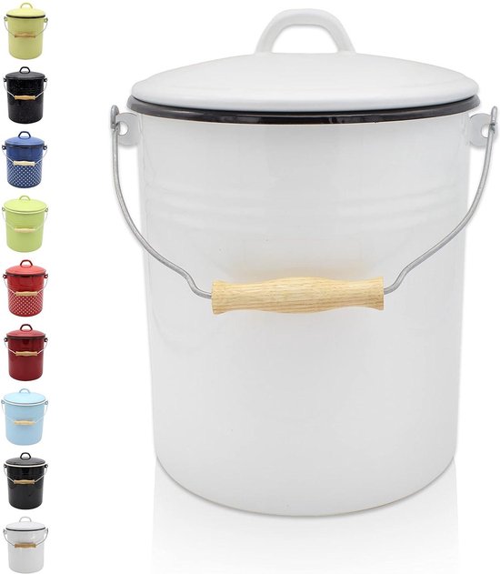 Krüger Vuilnisemmer met deksel, stalen afvalemmer met emaille coating en houten handvat, snij- en krasbestendig oppervlak, duurzaam en veelzijdig inzetbaar (10 liter, Sylt