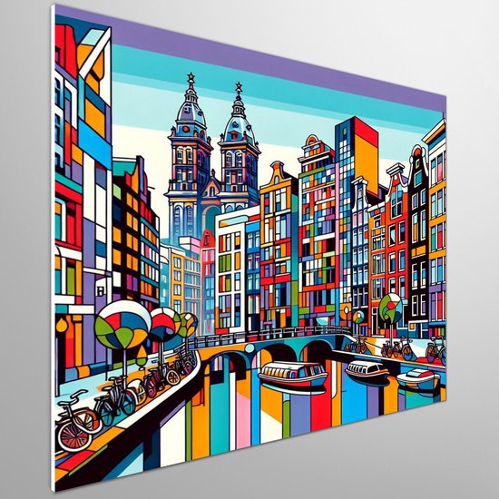 Pop art amsterdam schilderij | Amsterdamse pop art verbeeld in bruisend, kleurrijk kunstwerk vol leven | Kunst - 75x75 centimeter op Forex | Foto op Forex