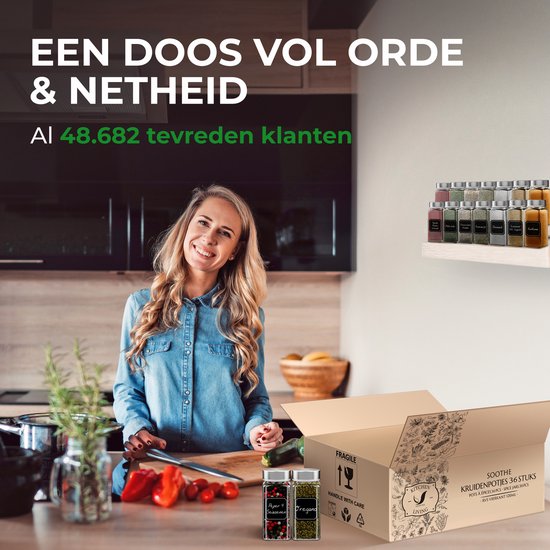 Soothe 36 Glazen Kruidenpotjes Vierkant met RVS Deksel – 2 Soorten Strooideksels – Kruidenstrooier – Spice Jars – Complete Set incl Kruiden Stickers, Krijtstift en Accessoires – 120ml