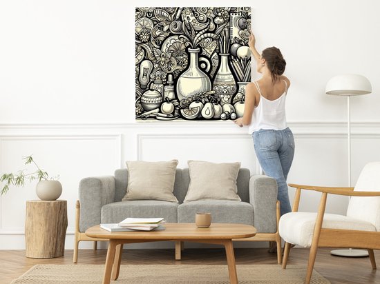 Doodle stilleven schilderij | Abstracte kleurenspel in een dromerig stilleven van doodles en lijnen | Kunst - 60x60 centimeter op Forex | Foto op Forex