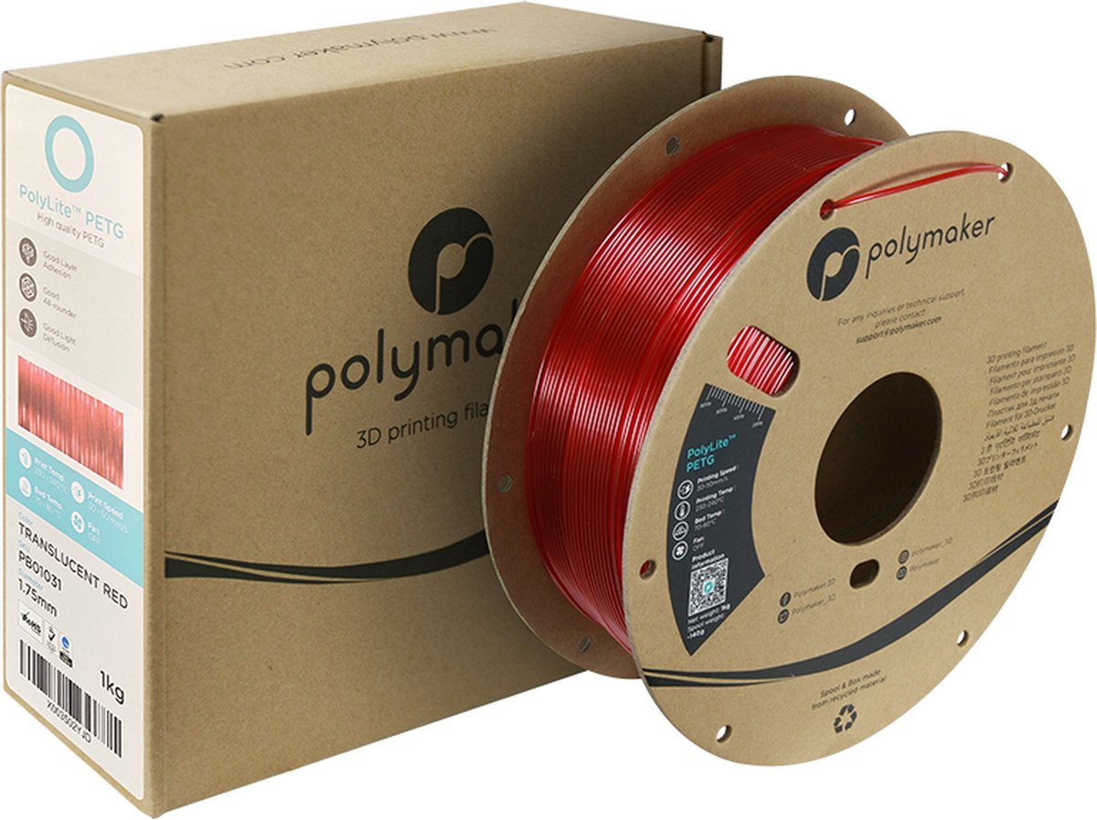 Polymaker Polylite PETG 3D Filament 1,75mm 1kg Transparant Rood