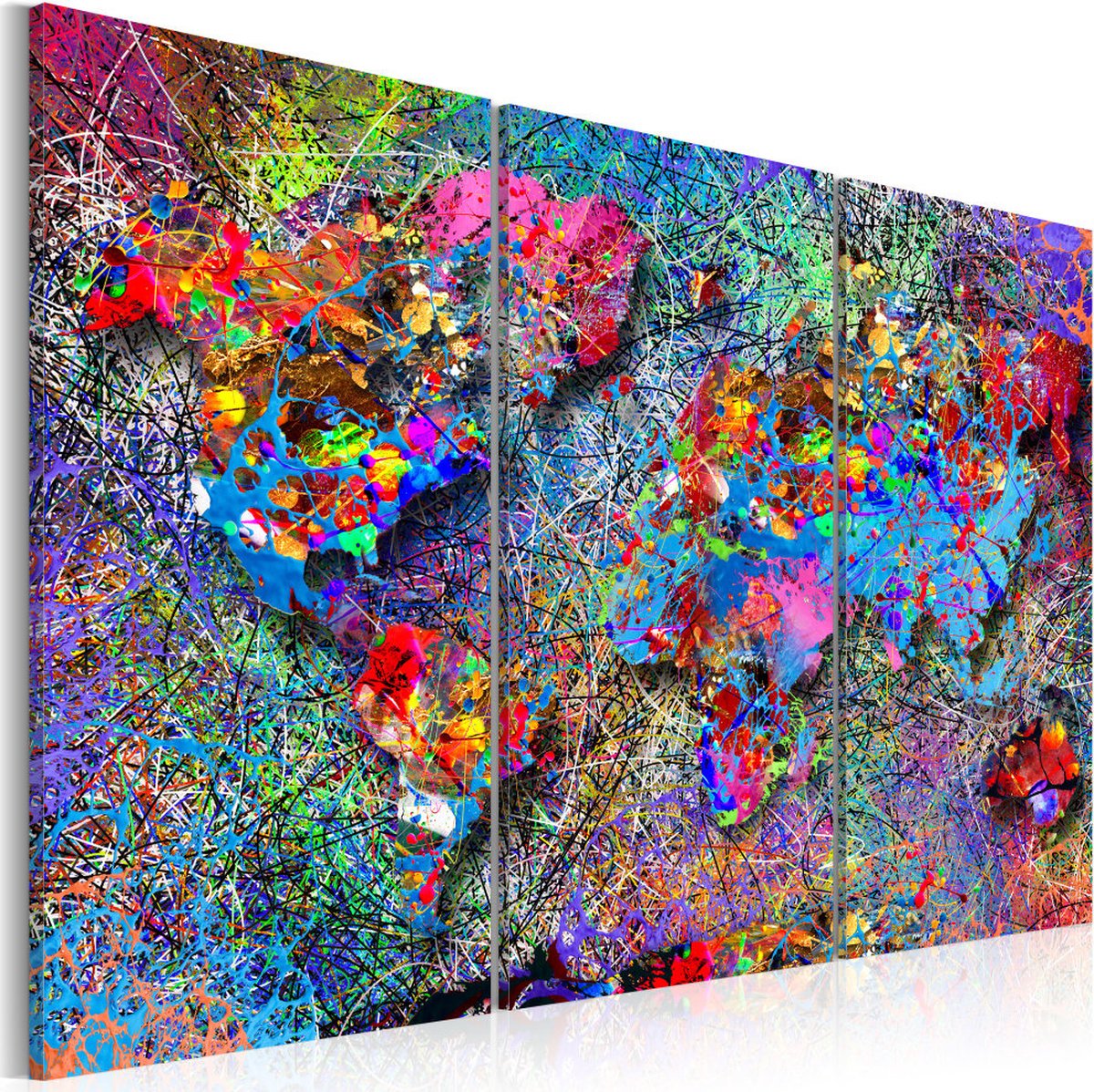 karo-art Schilderij - Wereldkaart , Kleurrijke Werveling , 3 luik 90x60cm Multikleur