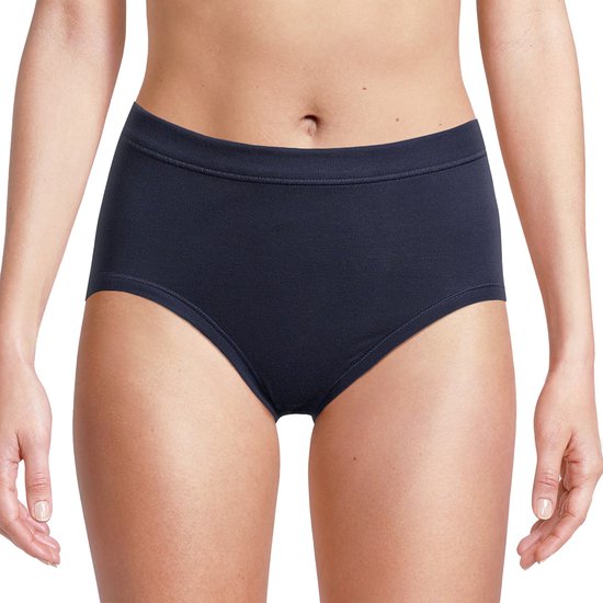 Donkerblauwe katoenen slip met een hoge taille en elastische band.