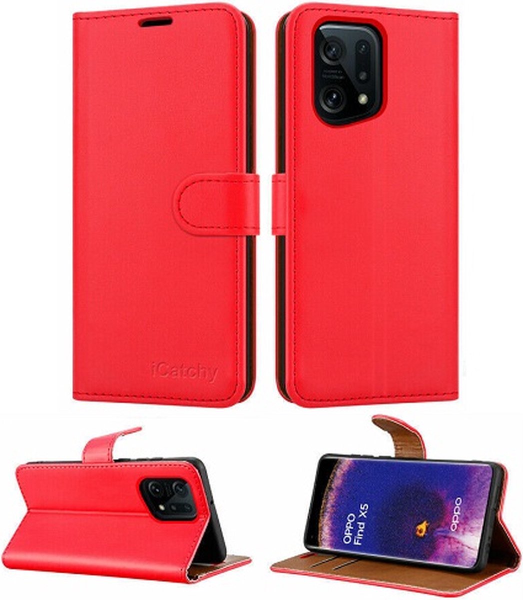 OPPO Find X5 Hoesje Met Pasjeshouder Bookcase Rood