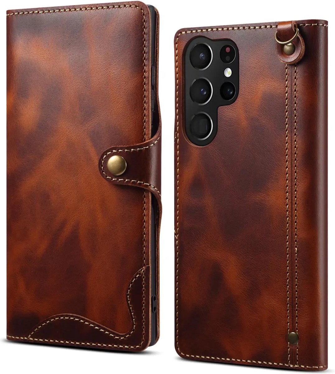 Super Stevige Luxe 100% Echt Rundleer Hoes - Geschikt voor Samsung Galaxy S24 Ultra - Vintage Leer Wallet Case met Kaartsleuven en Telefoon Bescherming