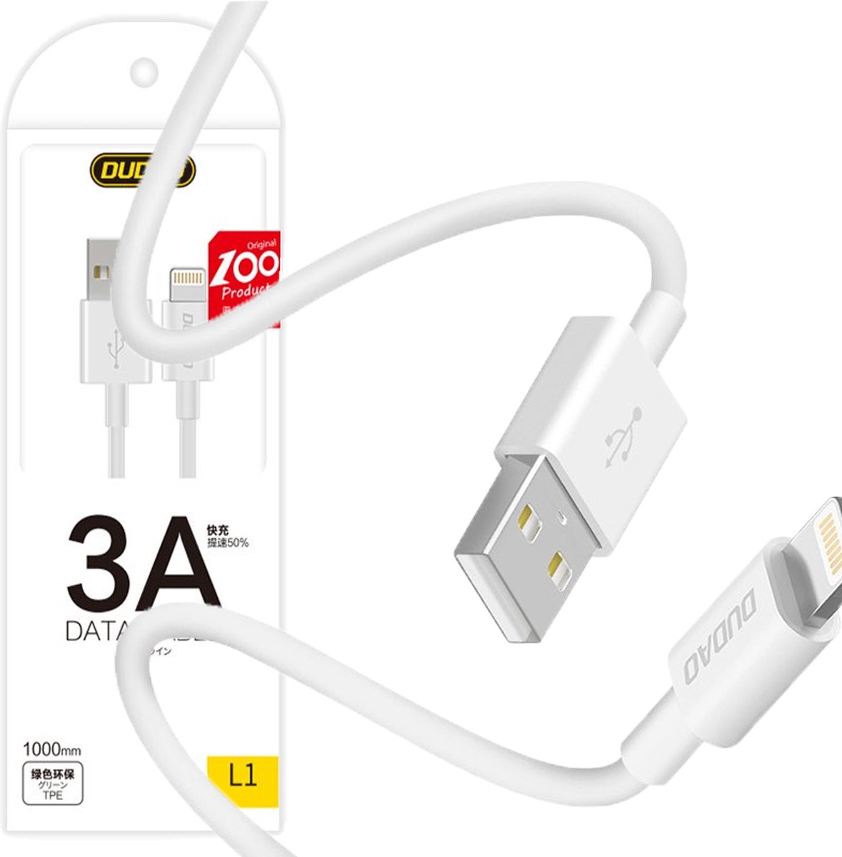 Dudao - USB naar USB-C oplader - 3A Fast charge oplaadkabel - Datakabel - 1 Meter - Wit