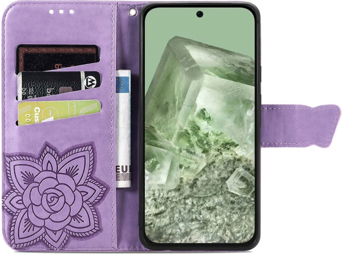 Mobigear Telefoonhoesje geschikt voor Google Pixel 8a Hoesje | Mobigear Butterfly Bookcase Portemonnee | Pasjeshouder voor 3 Pasjes | Telefoonhoesje voor Pinpas / OV Kaart / Rijbewijs - Lavendel