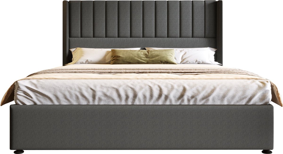 Merax Gestoffeerd Kingsize Tweepersoonsbed met Hydraulische Opbergruimte - 180x200cm Bed in Grijs Linnen