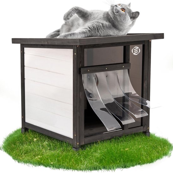 Outentin Kattenhuis voor buiten, winterbestendig, geïsoleerde beschermhut, waterdicht en weerbestendig, 61 x 39 x 36 cm (teak