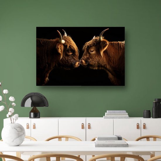 Schotse Hooglanders schilderij - Dieren muurdecoratie - Glas schilderij Koe - Wanddecoratie klassiek - Acrylglas schilderijen - Decoratie muur acrylglas 120x80 cm