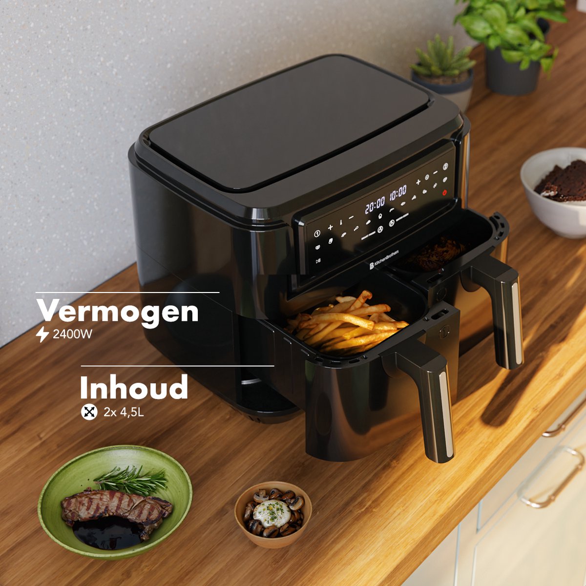 KitchenBrothers Dubbele Airfryer - PFAS-Vrij - 2400W - 9L - Heteluchtfriteuse - Dual Zone - Dubbele Mand - 50ºC tot 200ºC - 10 Kookprogramma's - Zwart — afbeelding 7