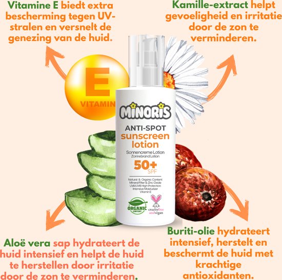 Minoris Anti-Spot Zonnebrandlotion SPF 50+ | Biologisch, Natuurlijk, Minerale Inhoud | Breedspectrum Zonnebescherming voor Gevoelige Huid | Hypoallergeen, Vegan, Rifvriendelijk, Waterbestendig, Dermatologisch Getest, Primer Geschikt - 150 ml