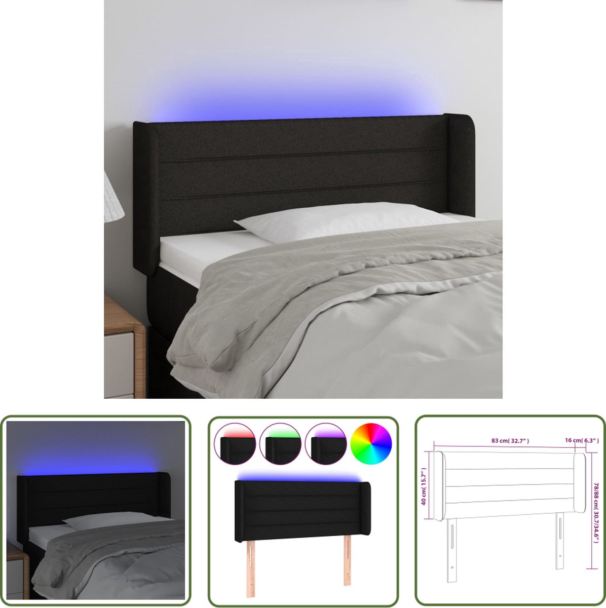 The Living Store Hoofdeinde - 83 x 16 x 78/88 cm - zwart stof - verstelbare hoogte - kleurrijke LED-verlichting