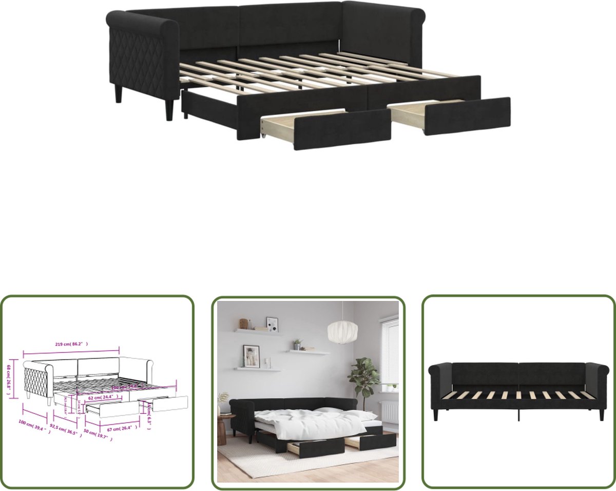 The Living Store Slaapbank met onderschuifbed - 219x100x68cm - Zwart fluweel