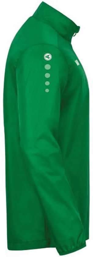 Zijaanzicht groene Jako regenjas met capuchon en witte stippen op de mouw.