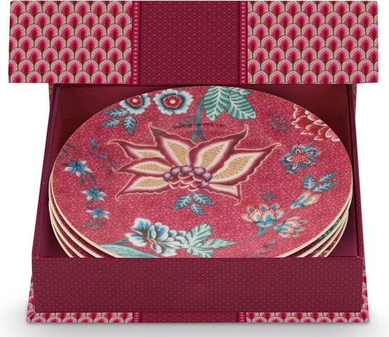 Pip Studio - Flower Festival - Set van 4 - Taartbordjes - Donkerroze - Porselein - 17cm
