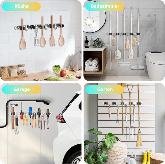 Porte-Balai Mural KINGTOP – 5 Emplacements + 6 Crochets, Organisateur Garage Multifonction Ultra-Résistant