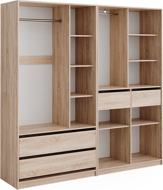 Lege, licht eikenkleurige kledingkast bestaande uit twee delen met hangroedes, planken en lades.
