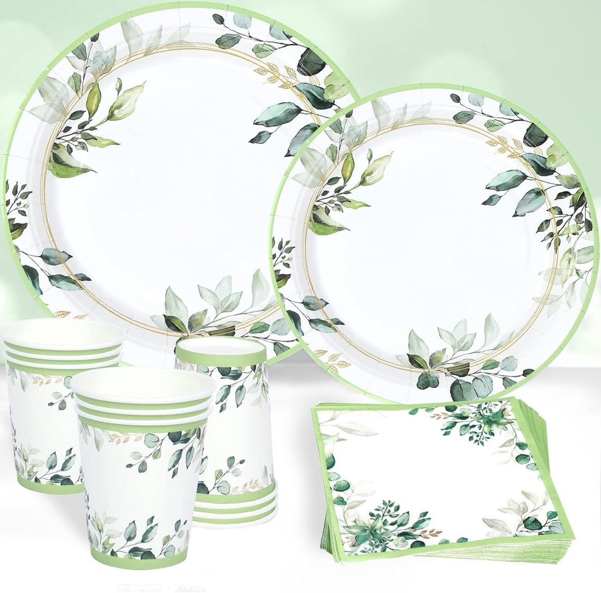 Image of 96-Delig Saliegroene Papieren Borden Servetten Bekersset - Babyshower Verjaardagsfeestjes Bruiloft Safari Feestdecoraties