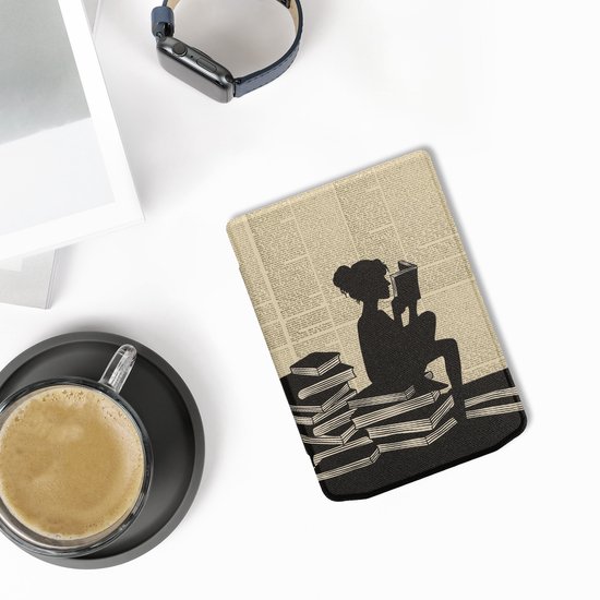 kwmobile e-reader hoesje geschikt voor Pocketbook Verse / Verse Lite / Verse Pro / Color / Vivlio Light/Light HD hoes - E reader flip case met magnetische sluiting - Ereader cover - Meisje met boeken design in zwart / beige van Merkloos — afbeelding 2