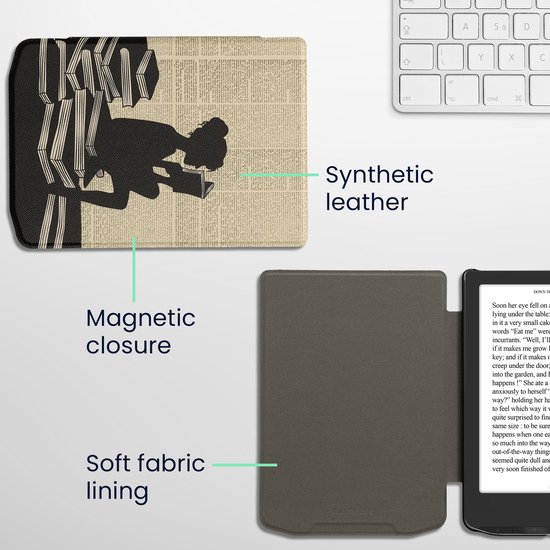 kwmobile e-reader hoesje geschikt voor Pocketbook Verse / Verse Lite / Verse Pro / Color / Vivlio Light/Light HD hoes - E reader flip case met magnetische sluiting - Ereader cover - Meisje met boeken design in zwart / beige van Merkloos — afbeelding 4