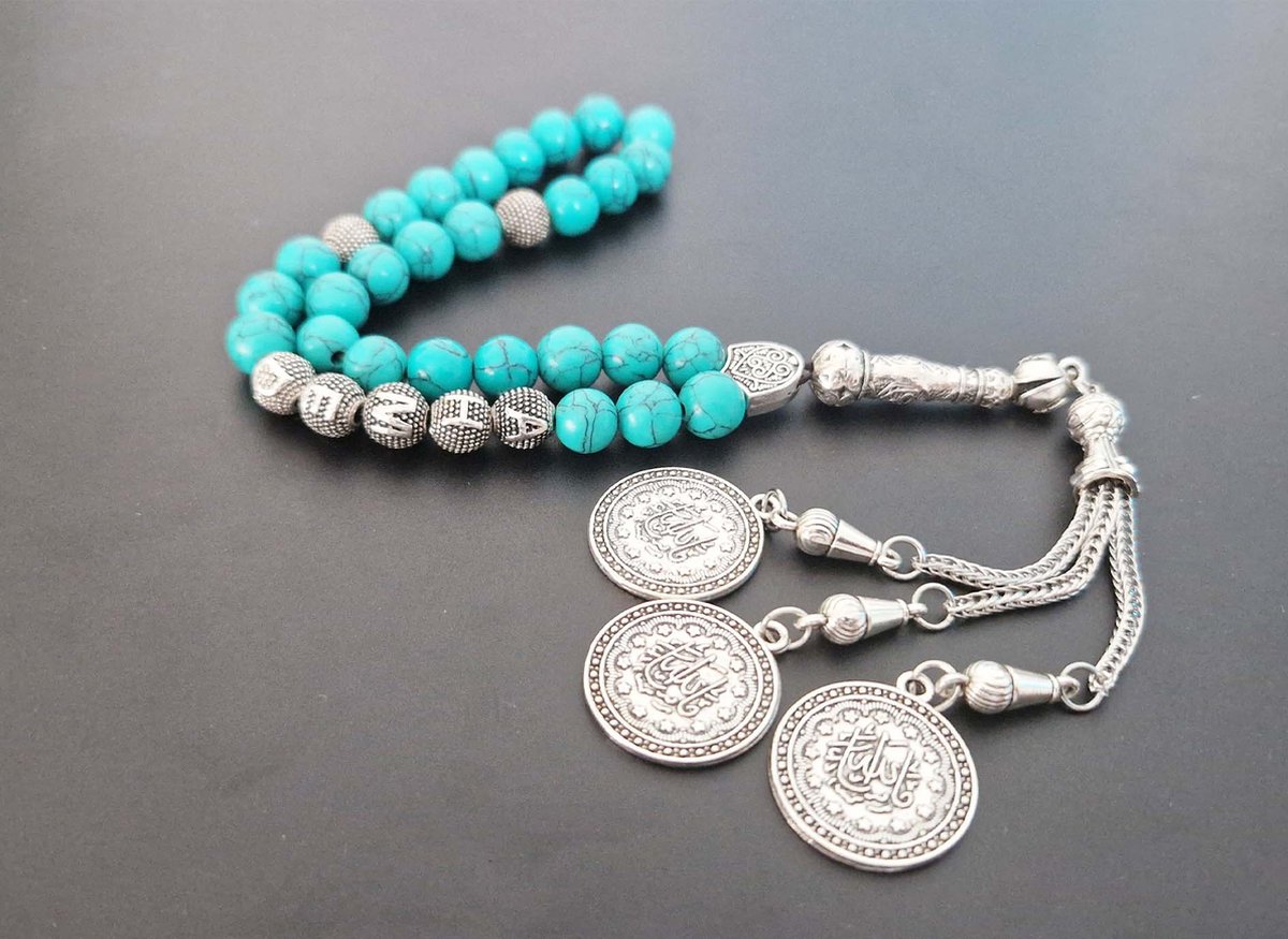 Handgemaakte naam tasbih 33 Kralen Natuursteen “Howliet groen ” - met metaal tassel “Masha' allah"- Met je naam of de naam van uw geliefde- 8 mm diameter van de korrel