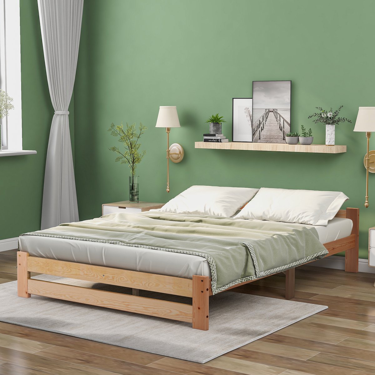 Gutent Massief Houten bed, Natuurlijke kleur (zonder matras), 200x140 cm, Futonbed, Massief houten bed naturel met hoofdbord en lattenbodem