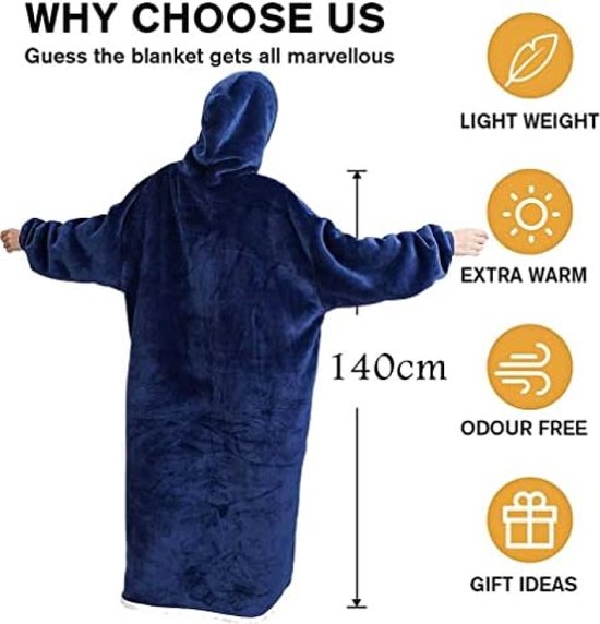 Extra lange hoodie deken sweatshirt, super warm en gezellig grote deken hoodie, draagbare dikke flanellen deken met mouwen en handige zakken voor vrouwen en mannen, Zwart en Rood, XXL/3XL