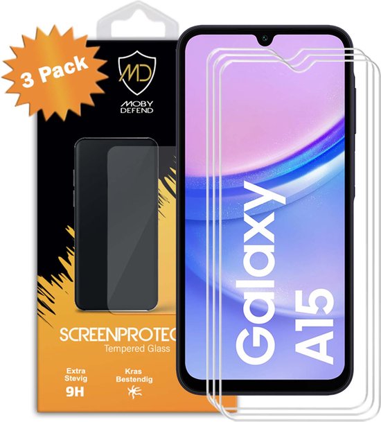 Paquet de 3 Protecteurs d'écran Samsung Galaxy A15 - Économiseurs d'écran en Glas trempé MobyDefend adaptés aux coques - Protecteurs d'écran - Plaques de verre adaptées au Samsung Galaxy A15