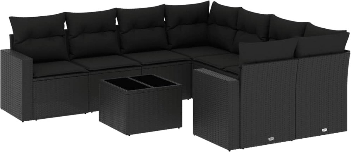 vidaXL 9-delige - Loungeset - met - kussens - poly - rattan - zwart