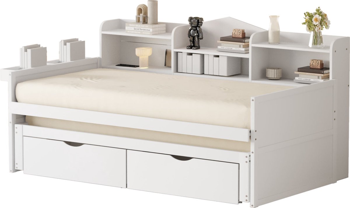 Merax Eenpersoonsbed 90x200 cm - Bed met Extra Uitschuifbaar Logeerbed 90x190 cm - Houten Bedframe met Opbergruimte en Opberglades - Wit