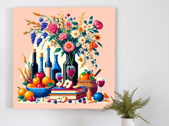 Pixel art stilleven schilderij | Digitale meesterwerk: Verfijnd stilleven van pixels en kunstwerkenceffect | Kunst - 60x60 centimeter op Dibond | Foto op Dibond