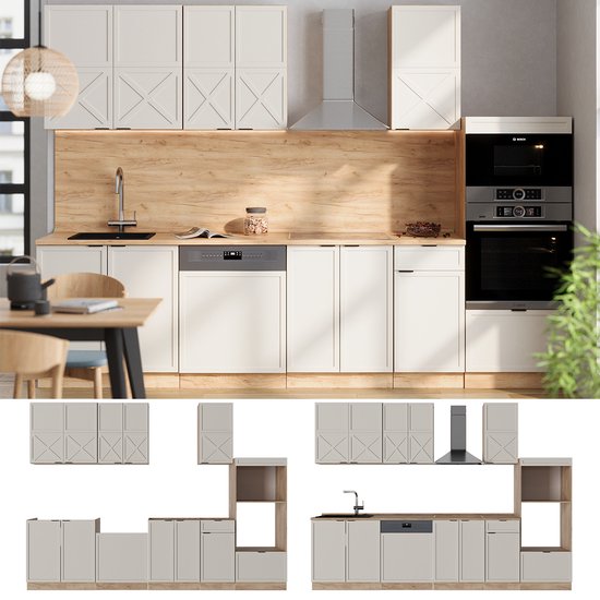 Vicco Fame- Line Meuble de cuisine complet – 300 cm avec meuble haut, WB Chêne Grijs/ beige / chêne doré avec meuble haut, WB Chêne