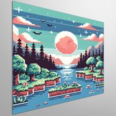 Pixel art landschap schilderij | Gelaagde pixel perfectie: een kunstig landschap van kleurenpracht | Kunst - 20x20 centimeter op Dibond | Foto op Dibond