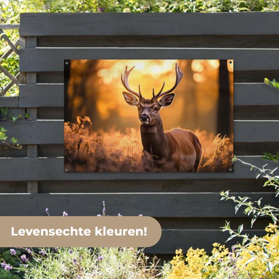Een tuinposter met een hert in een bos hangt aan een donkere houten schutting.