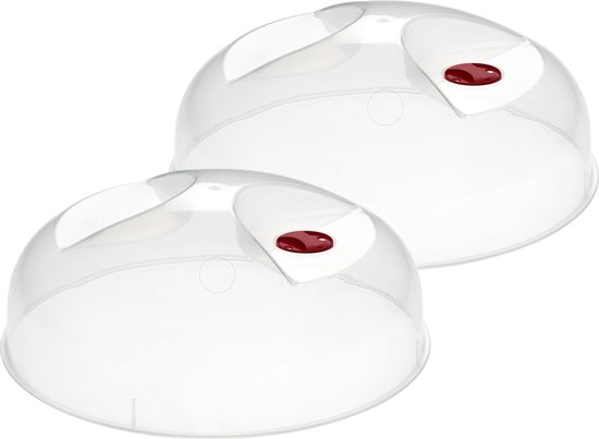 Twee transparante magnetrondeksels met rode knoppen.